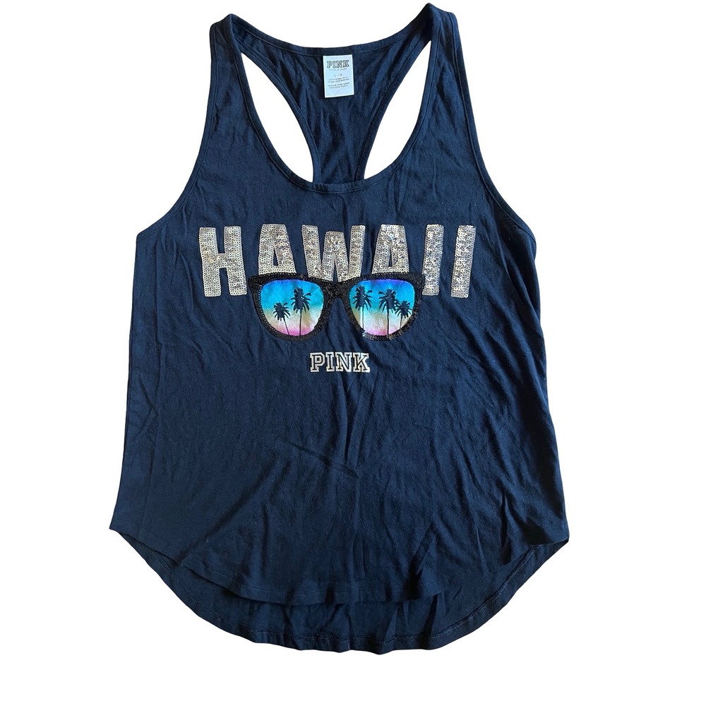 Victoria's Secret PINK Hawaii Sequins Racerback Tank Top Black Sz L Aloha Glam